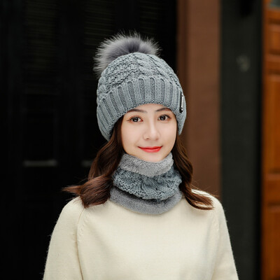 

2pcsSet Women Winter Warm Pom Hat Cap Scarf Neck Thickened Plush Wool Knit