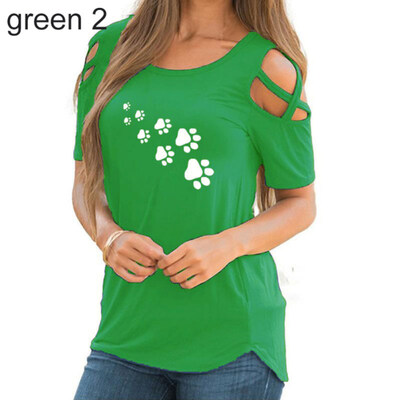

Summer Casual Paw Print Cross Off Shoulder Short Sleeve O-Neck Women T-Shirt Top