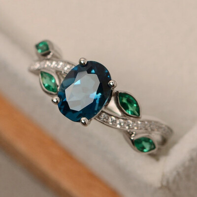 

Fashion Women 925 Sterling Silver Leaves Sapphire White Topaz Gemstones Rings Size 6 7 8 9 10