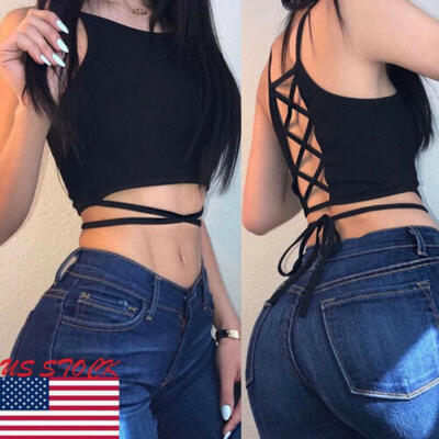 

US STOCK Women Sexy Solid Bandage Tank Top Shirts Girl Gothic Crop Tops Vest SML