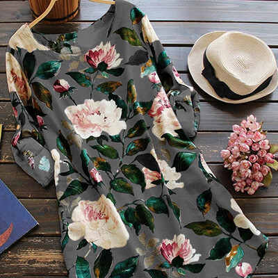 

Women Autumn Large Size Dress National Style Round Collar Flower Print Ruffled Half Sleeve Slim Retro Dress 4 Colors