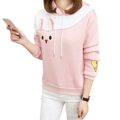 

Women Rabbit Embroidered Hoodies Casual Loose Patchwork Color Hooded Tops Warm Long Sleeve Pullovers