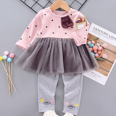 

Spring Autumn Casual Baby Girls Cute Dot Printing Patchwork Design Long Sleeve Dress With Leggings Sundress Casual Two-pieceSet