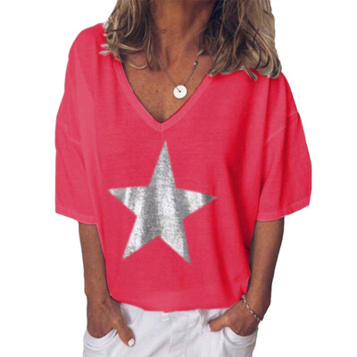 

Plus Size Summer Women Star V Neck Short Sleeve T-Shirt Solid Color Loose Top