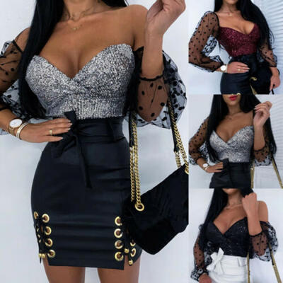 

Sexy Lady Girls Women Off Shoulder Sequin Blouse Tops Lolita Puff Sleeve Flared