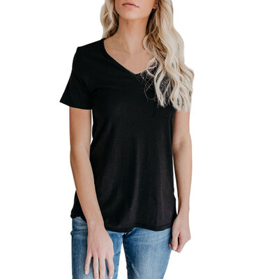 

High Quality -XL Pocket Plain T Shirt Women Cotton Elastic Basic T-shirts Female Casual Tops Short Sleeve V Neck T-shirt Women