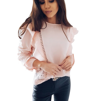 

New Summer Ruffles Chiffon Shirt Fashion Lace Stitched Hollow Out Womens Blouse Elegant Top O-Neck Long Sleeve Causal Shirt