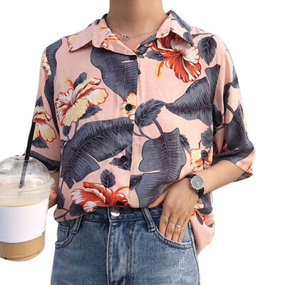 

Harajuku Women Blouse&Tops Printed Vintage Korean Short Sleeve Casual blusas Hawaiian Beach female lady shirts