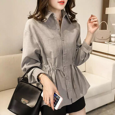 

Spring Summer Lapel Long Sleeve Blouse Women Solid Color Loose Versatile Drawstring Blouse Womens Tops And Blouses Plus Size