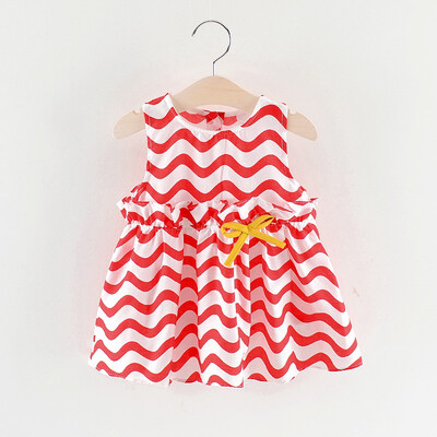 

Children Girls Summer A-shaped Dress Round Collar Cute Irregular Wave Stripes Print Sleeveless Sweet Dress