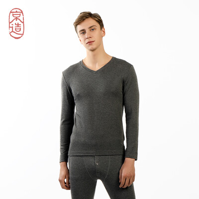 

JZAO mens thermal underwear wool thickening autumn clothes long pants warm set dark gray V-neck  code