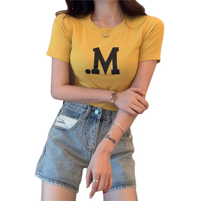 

Tees Women  Print Letter T-shirt Casual O Neck Crop Tops 2019 Summer Korean Style Slim Short Sleeve Tshirt Women Clothing