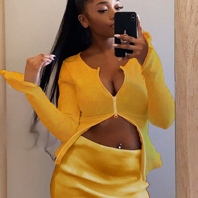 

Gobestart Women Casual Double Zipper Skirt Suit Long Sleeve Crop Tops Skirt