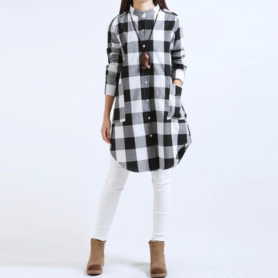 

Summer Women Cotton Linen Plaid Loose Beach Tops Sundress Party Shirts Size -XXL