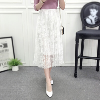 

Women Mesh Floral Embroidery A-Line Tutu Lace Skirt Women Elegant Tulle Long Pleated Skirt Midi Skirt Summer Hot Sale