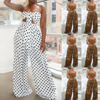 

Sexy Women 2pcs Set Chest Wrap Top Suspender Pants Print Jumpsuit Club Casual