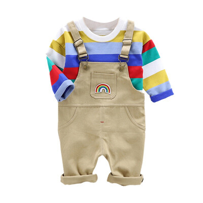

Spring Autumn Casual Fashion Baby Kids Rainbow Striped Long Sleeve Top And Suspender Trousers Clothing Sets