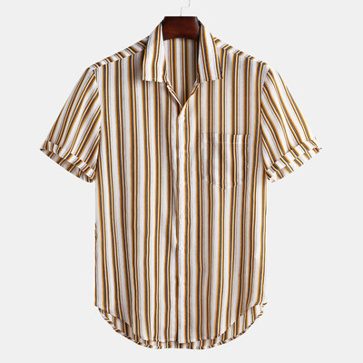 

Toponeto Mens Colorful Stripe Summer Short Sleeve Loose Buttons Casual Shirt Blouse