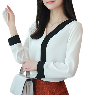 

Spring Fashion Women Chiffon Shirt V-Collar Long Sleeve Female Top Contrast Color Office Lady Blouse