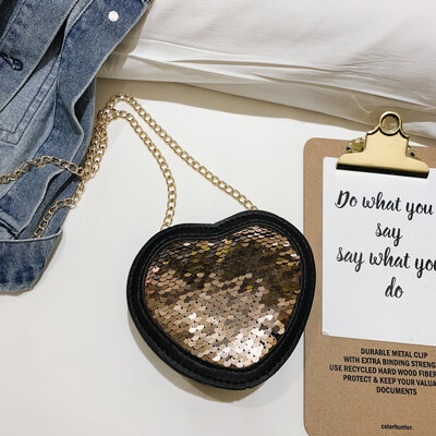 

Children Handbag Fashion Girls Kids Cute Casual Retro Heart Shape Sequins Design Cross-body PU Shoulder Messenger 2019 Bag