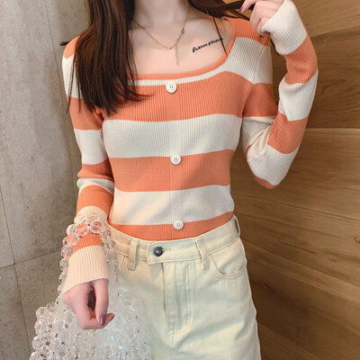 

Autumn New Loose Casual Striped Pattern T-shirt Korean Style Round Neck Long-sleeved Women Knit Tee Top