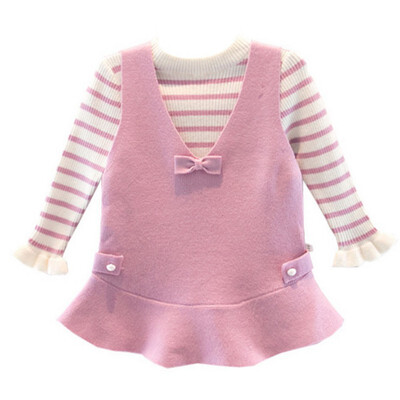 

2019 New Autumn Casual Baby Girls Stripe Print Long Flare Sleeve 2 Piece Dress Kids Princess Dresses