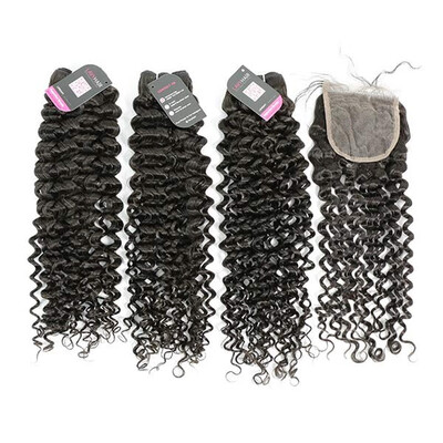 

Superior Grade mix 4 bundles with lace closure Brazilian Italian Curly Virgin Human hair extensions