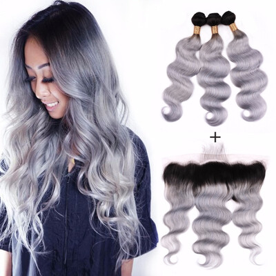 

Nami Hair Ombre Brazilian Virgin Hair Body Wave Color T1BGrey 3 Bundles With Lace Frontal Closure Free Part 100 Human Hair Exten