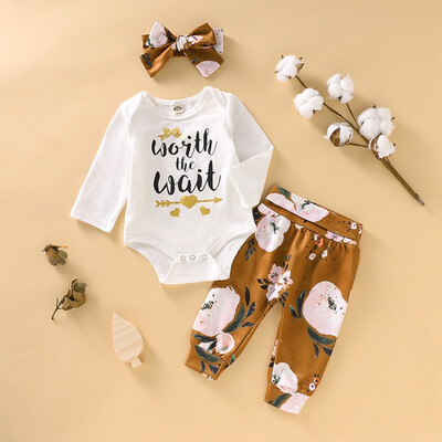 

Autumn Baby Girl Long Sleeve Letters Romper Tops Flower Print Trousers Headband Outfits Clothes
