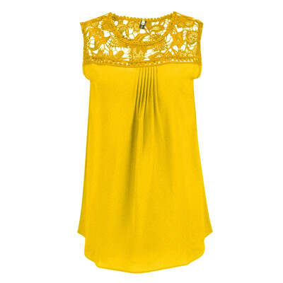 

Chiffon Shirt Women Loose Lace Patchwork Hollow Out Tops Solid Sleeveless Blouse Female O-Neck Summer Shirt  Plus Size
