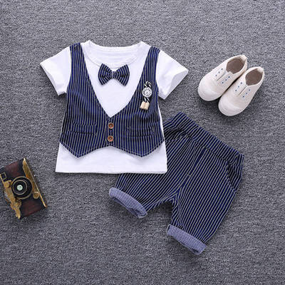 

Summer Baby Boys Clothes Fake Two Pieces Short Sleeve T-Shirt Tops with Bow TieStripe Shorts Formal Outfits Sets
