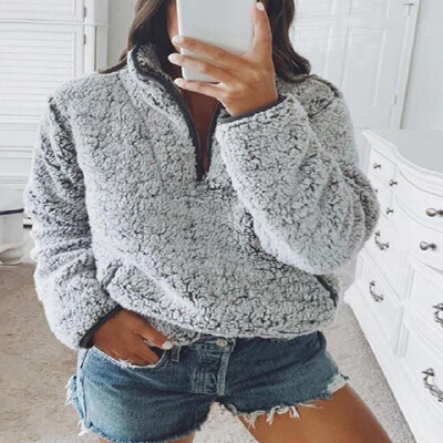 

Solid Zipper Dual Pockets Lapel Long Sleeve Teddy Top