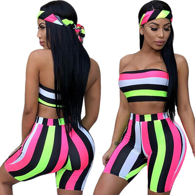 

2019 Women Sexy Two Piece Set Summer Casual Striped Crop Top And Shorts Suit Slim Fitness Suit