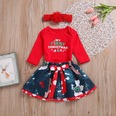 

3PcsSet Christmas Outfits Children Clothing New Girl Baby Long-Sleeved RompersSkirtHeadband 3-piece 3-24M