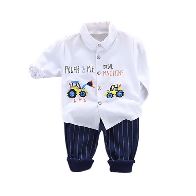 

Baby Boys Clothes Autumn Casual Long Sleeve Cartoon Car Print Shirt Blouse TopsStripe Pants Trouser Set New