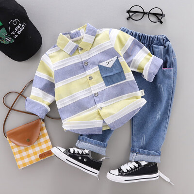 

Toddler Newborn Boy Autumn Outfits Long Sleeve Stripe Print TopDenim Trousers Casual Sets