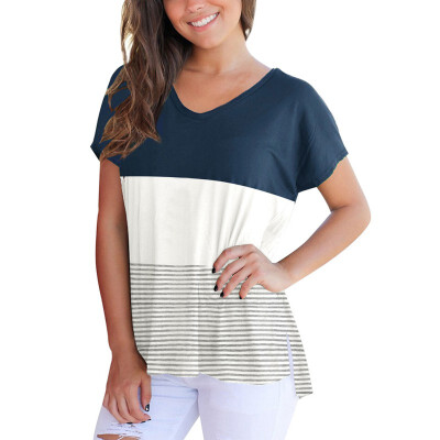 

Short Batwing Sleeve T-shirt Color blocks Striped V-neck Casual Lady Brend Tee Tops Women Summer T Shirt Female plus size