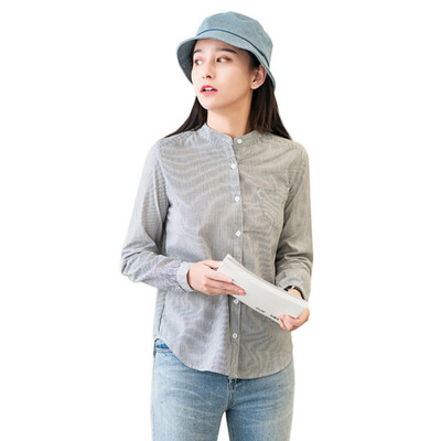 

Autumn New Japanese Style Stripe Womens Blouses Cotton Shirt Stand-collar Fresh Blouse