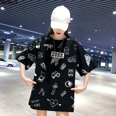 

Womens Round Neck Graffiti Print Short Sleeve T-Shirt Korean Style Loose Casual Cotton Blend Long T-Shirts