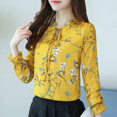 

2018 Summer Floral Print Chiffon Blouse Ruffled Collar Bow Neck Shirt Petal Short Sleeve Chiffon Tops Plus Size Blusas Femininas