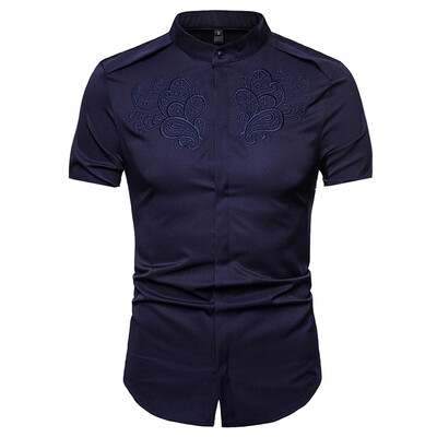 

Tailored Men Hipster Casual Slim Fit Short Sleeve Button Down Shirts Tops with Embroidery
