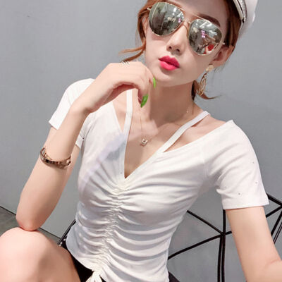 

White T Shirt Women Summer Solid Color Fashion Sexy T Shirt Loose Drawstring Casual T-shirt Short Sleeve V-neck Tops
