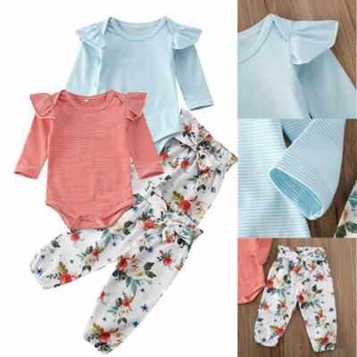 

UK STOCK Newborn Baby Girl Kids Striped Long Sleeves Flower Pants Outfit Clothes
