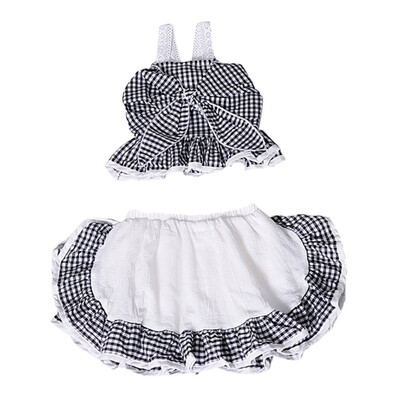 

Kids Baby Girls Princess Summer Big Bow Plaid Strap Top Mini Pleated Culottes 2Pcs Costume Set