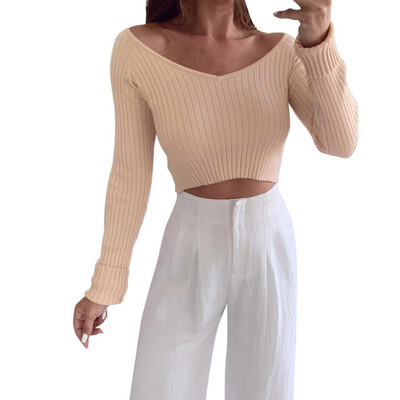 

Autumn Sexy Deep V Neck Sweater Womens Pullover Short Styles Slim Bottoming Sweaters Female Cotton Long Sleeve Tops Femme