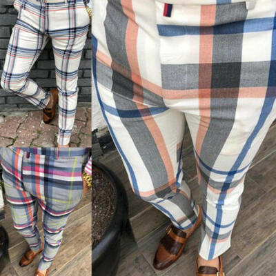

Mens Casual Pants Slim Fit Skinny Plaid Business Basic Trousers Side Pockets US