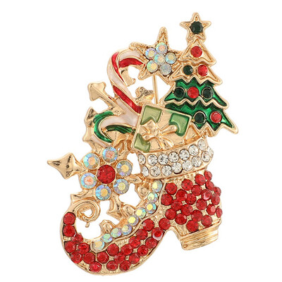

New Year Fashion Christmas Boots Brooch Santa Claus Shoes Carriage Rhinestone Brooch Jewelry For Christmas Color Stone Brooch