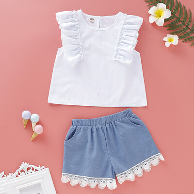 

Summer Baby Girls Casual Flare Sleeve Cartoon White T-shirt TopsShorts Suits Costume Set