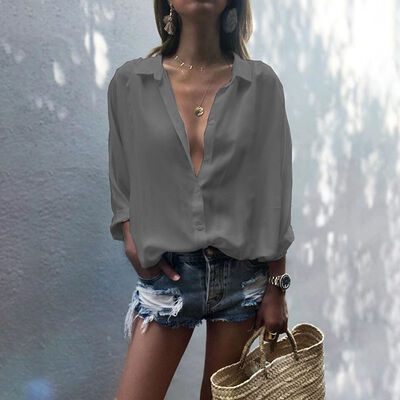 

2019 explosion models womens deep V-neck button chiffon shirt casual wild trend shirt womens clothing