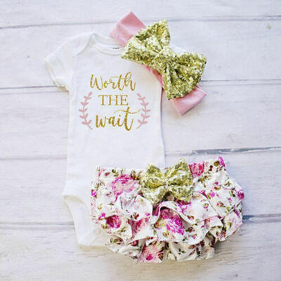 

US Newborn Baby 3Pcs Flower Print Romper Tops Tutu Shorts Pants Headband Outfits